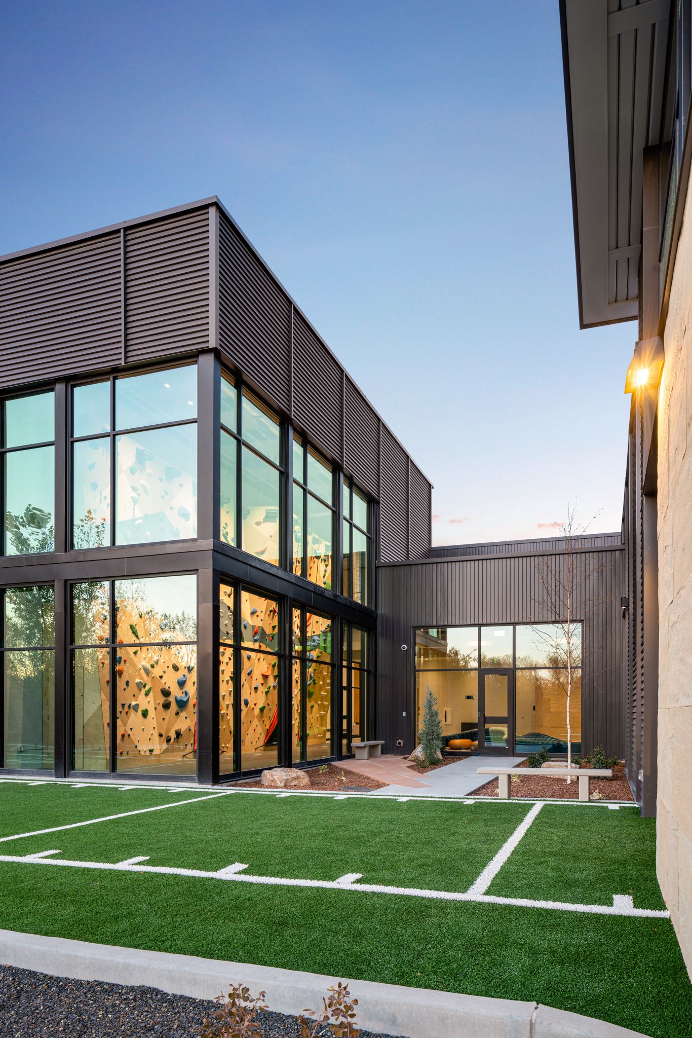 Wide exterior view of the Idaho Outdoor Fieldhouse campus buildings.