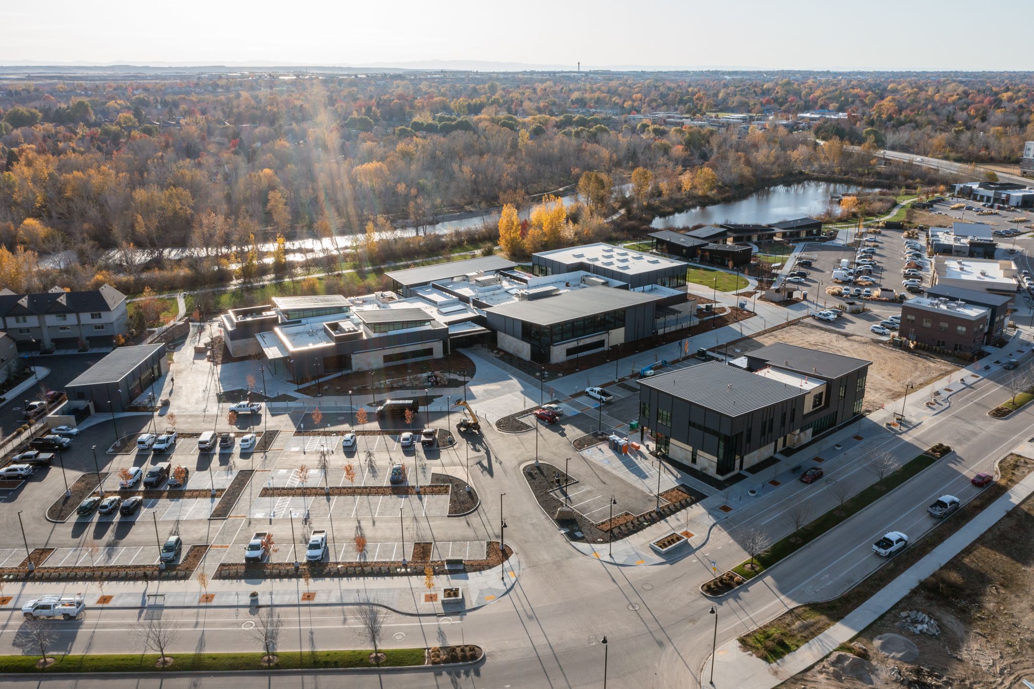 Summit Hyperbarics and Wellness building on the Idaho Outdoor Fieldhouse campus at dusk.